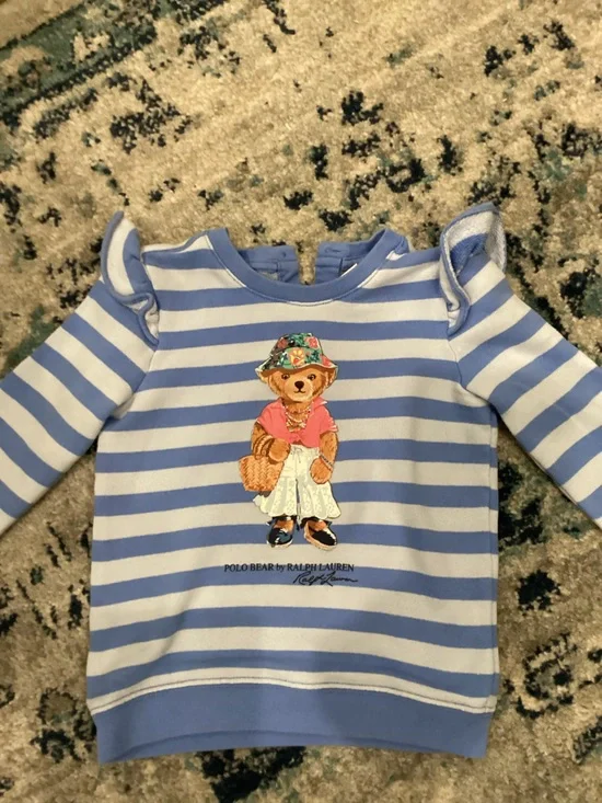 Ralph Lauren Blue and White Striped Polo Bear One-Piece