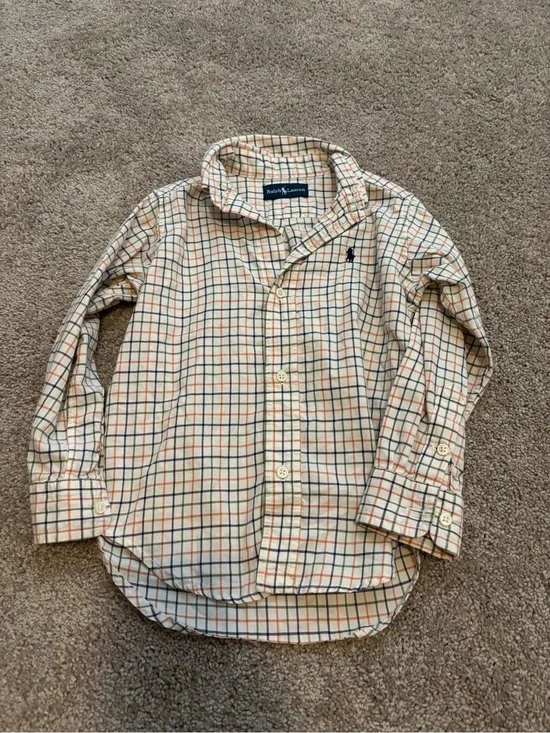 Ralph Lauren Cream Plaid Button-Down Shirt with Navy & Orange Checks