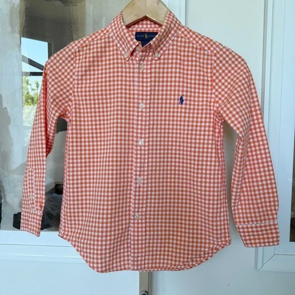 Ralph Lauren Boys Orange Gingham Long Sleeve Button-Up Size 7 Casual Spring