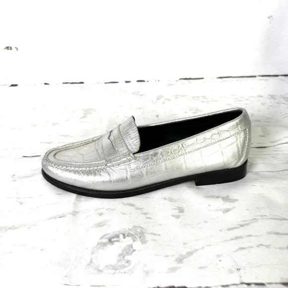 Bass Weejuns Shoes Women's 8M Silver Penny Loafers Slip On Leather Croc Print