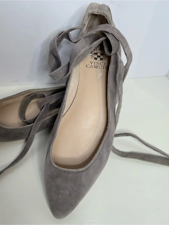 Vince Camuto Taupe Suede Pointed Toe Lace-Up Flats