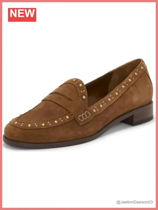 Studded Loafer Flats with Block Heel for Women Suede Fashion Shoes Round Toe