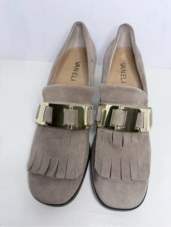 Vaneli Taupe Suede Fringe Loafers with Gold Hardware Block Heel 7.5