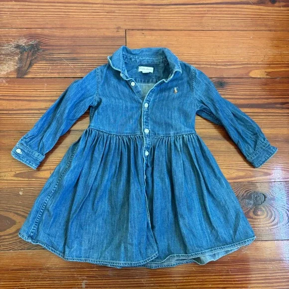 Ralph Lauren Baby Girl Denim Shirt Dress 18M Blue Cotton Pony Jean Button Front