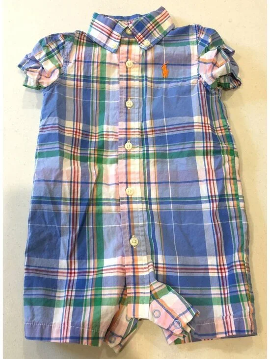 Ralph Lauren 6 Months Light Blue Plaid One Piece Romper