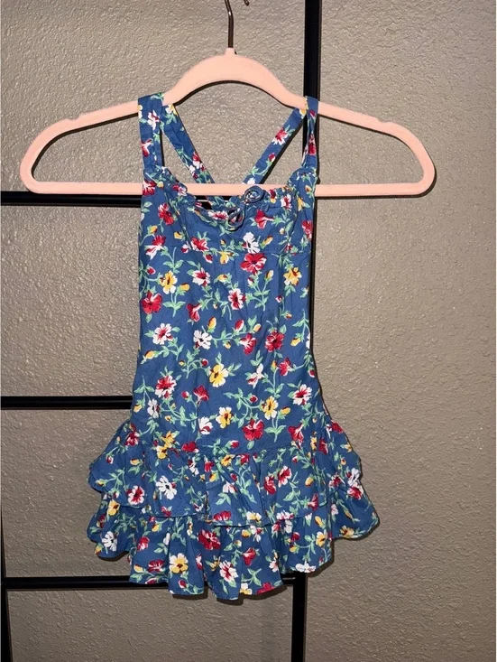 Ralph Lauren Girls 3T Blue Floral Ruffle Tiered Cotton Sundress Cross Back