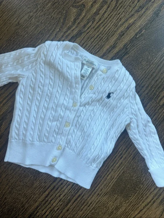 Ralph Lauren White Cable Knit Baby Cardigan with Navy Pony 12M