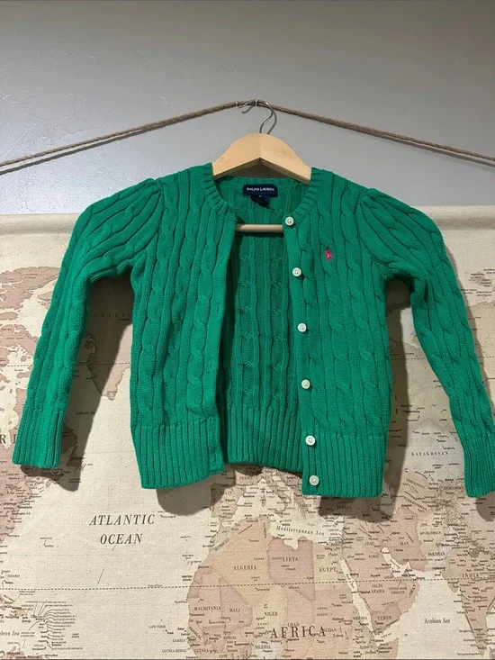 Ralph Lauren Girls' Green Cable Knit Cardigan with pink logo