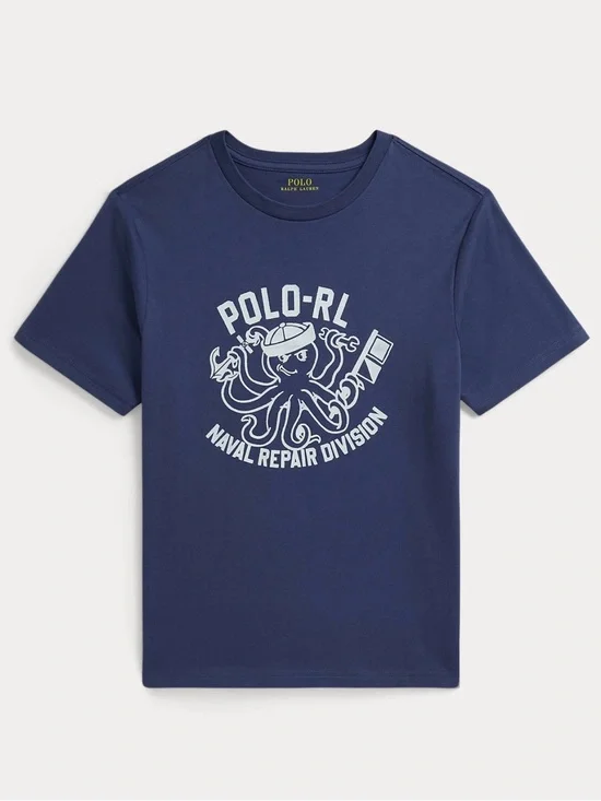 Ralph Lauren Navy Crewneck T-Shirt with White Nautical Octopus Graphic
