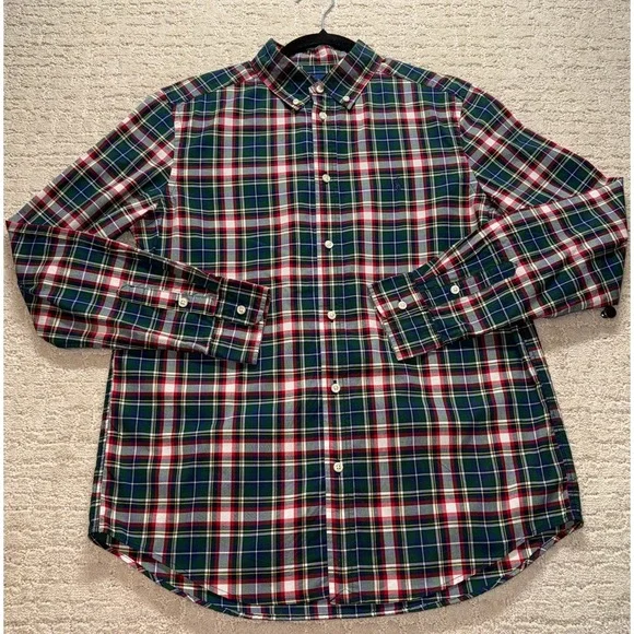 Ralph Lauren Plaid Button Down Shirt Kids XL 18-20 Green Red Natural Stretch