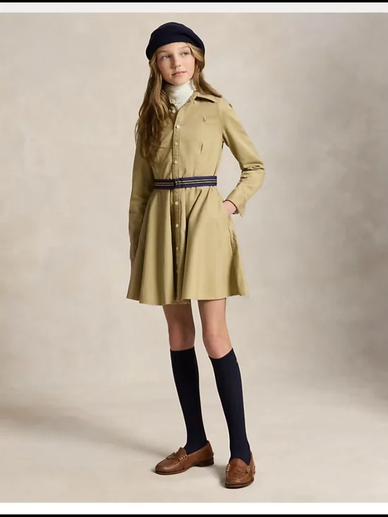 Ralph Lauren Khaki Button-Front Chino Shirt Dress with Navy+Purple & Gold Belt