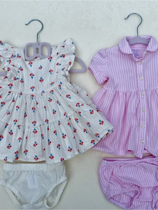 Baby Girl 3M Dress Lot Ralph Lauren OshKosh Floral Pink 2 Outfits Bloomers