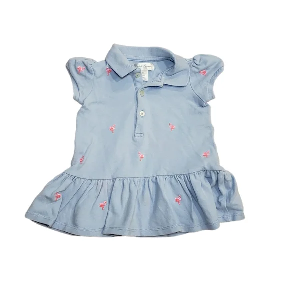 Ralph Lauren 3m Baby Girl Blue Polo Dress with Embroidered Pink Flamingos