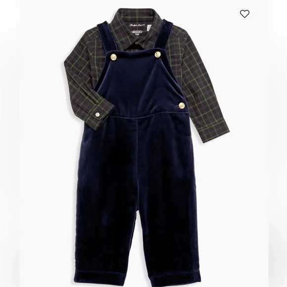 NWT Ralph Lauren Boys Cotton Shirt & Velvet Overall Set Holiday Christmas 12 Mos