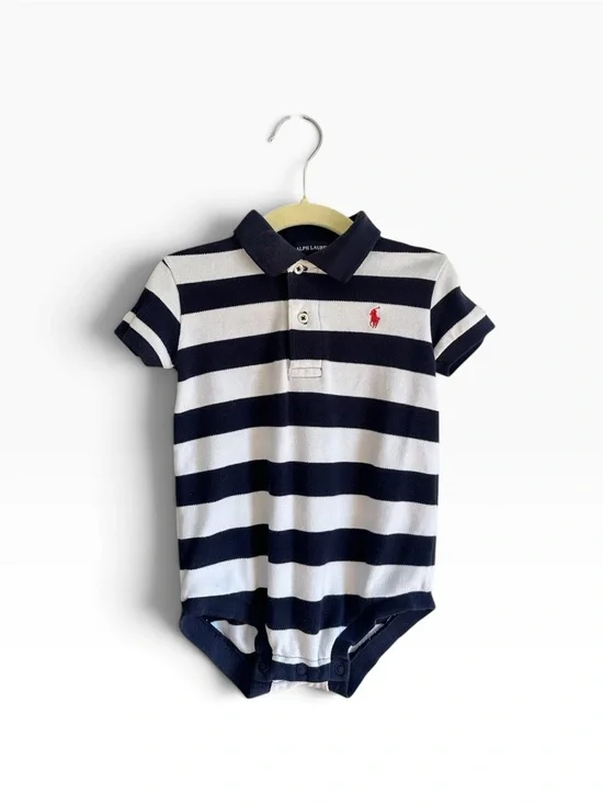 Ralph Lauren Baby Boy 3-6M Navy White Striped Polo Bodysuit Red Pony