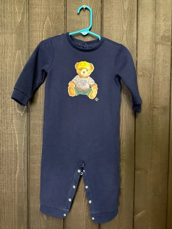 Ralph Lauren Baby Boy 9M Navy Polo Bear Lightweight Fleece One-Piece Long Sleeve