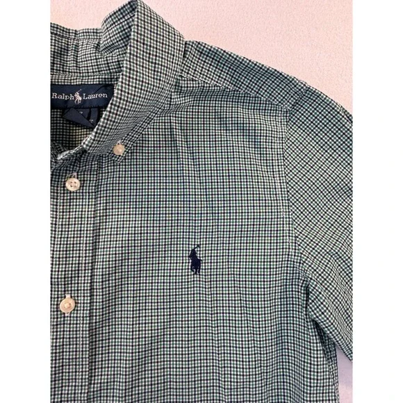 Ralph Lauren Boys Size 7 Green Navy Gingham Check Button Down Oxford Shirt