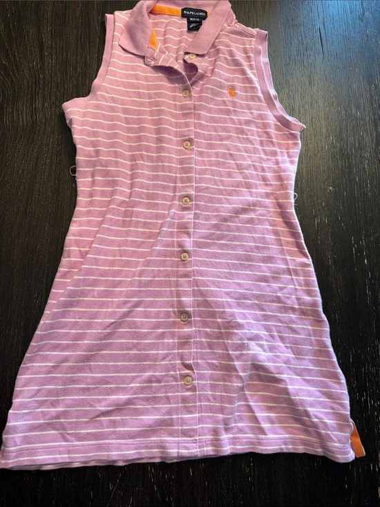 Ralph Lauren Lavender and White Striped Sleeveless Polo Dress with Orange Logo