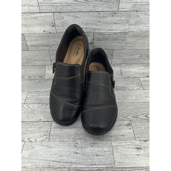 Clarks Collection Womens Brown‎ Leather Zip Side Slip On Loafer Shoes Size 7M