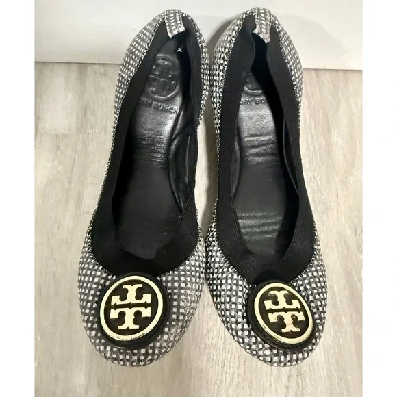 Tory Burch Reva Ballet Flats Womens‎ 5 Black White Checkered Good Patent Leather
