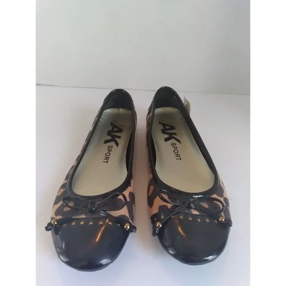 AK Sport‎ Leopard Print Ballet Flats Black Patent Bow Detail Shoes