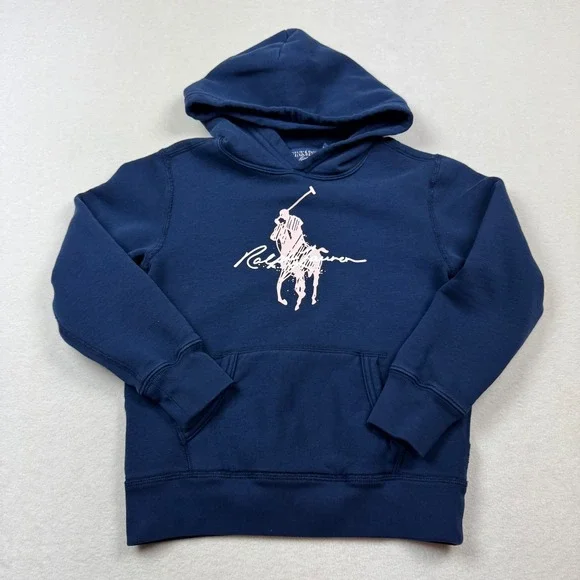 Ralph Lauren Pink Pony Hoodie Kids S Navy Pullover Sweatshirt‎ Girl Logo Script