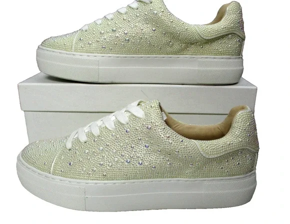 Betsy Johnson Sidny Sneakers Platform Pearl White Rhinestone Shoes Womens Sz 9.5