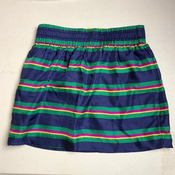 Ralph Lauren Silk Skirt Girls 3T Navy Blue Green Striped Elastic Waist‎ Preppy