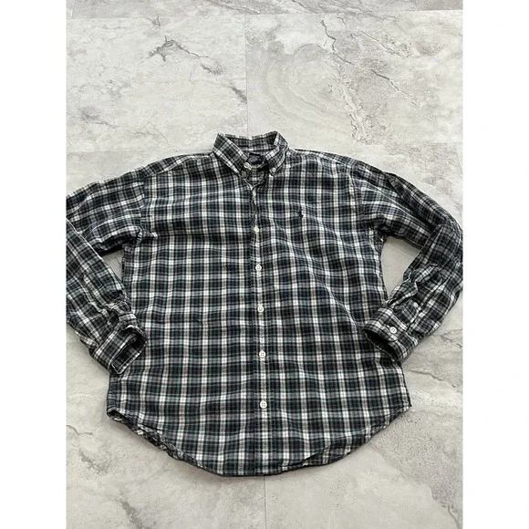 Ralph Lauren Long‎ Sleeve Boys Size M Medium 10 - 12 Green Plaid Button Down