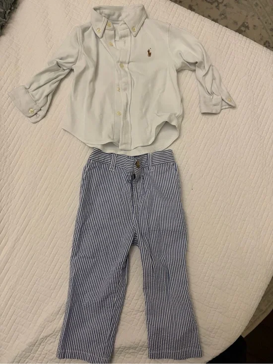 Ralph Lauren White Button-Down Shirt with Blue Seersucker Pant boys 18M