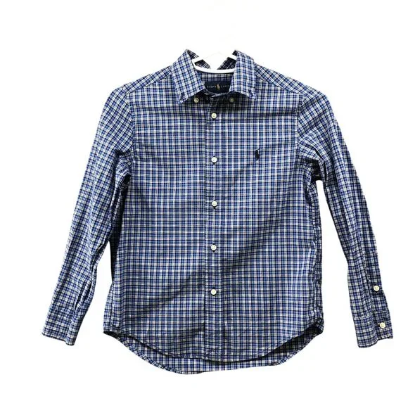 Ralph Lauren Boys Size 7‎ Long Sleeve Shirt Blue Plaid Natural Stretch Cotton