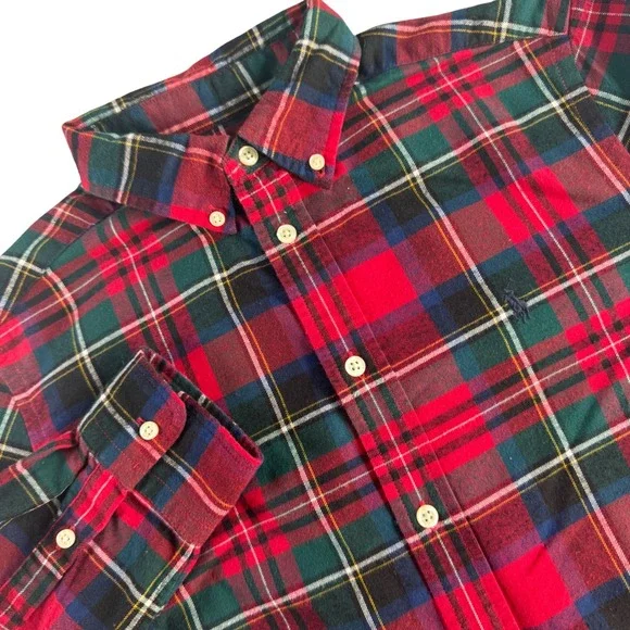 Ralph Lauren Flannel Button Down Shirt‎ Boys  L 14-16 Red Green Tartan Plaid