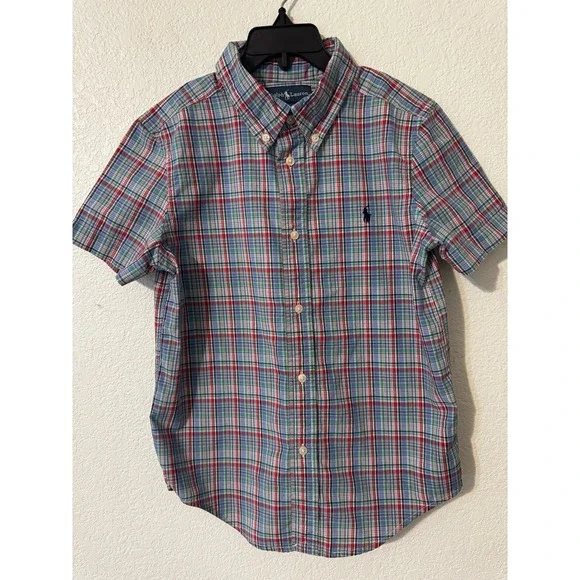Ralph Lauren Plaid Short Sleeve Button Down Shirt Boys Size 6 Blue Red Green‎