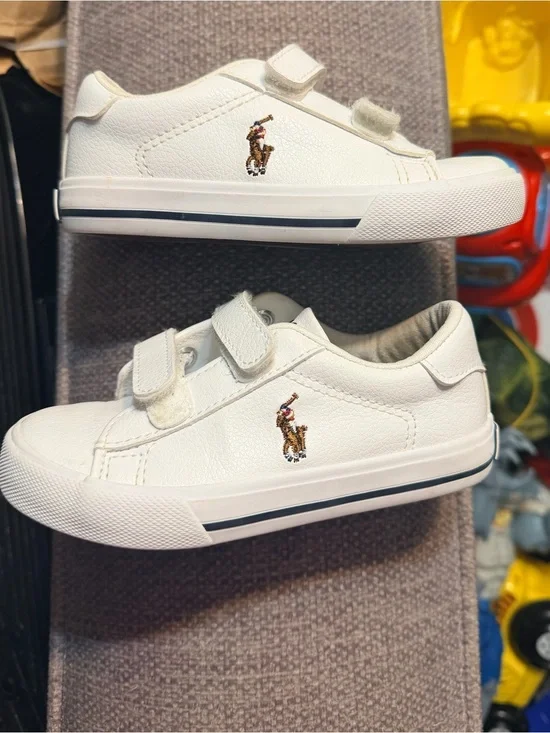 Ralph Lauren White Leather Kids Velcro Polo Sneakers