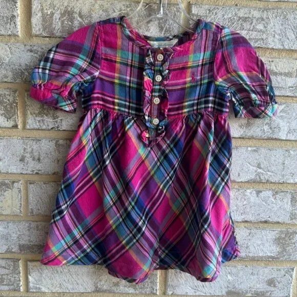 Ralph Lauren Short Sleeve Ruffle 4 Button Plaid Shirt Dress Girls Size 12M