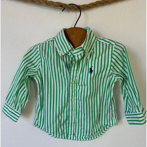 Ralph Lauren Button‎ Down Striped Long Sleeve Baby 9M Green Excellent