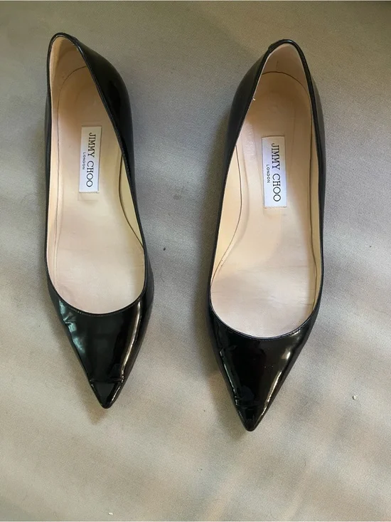 Jimmy Choo Black Patent Pointed Toe Flats - Classic Low Heel and Leather Sole