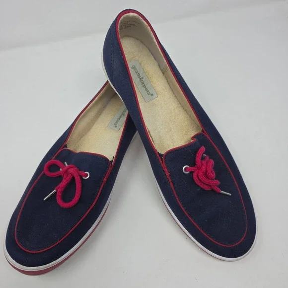 Grasshoppers Loafers Size 10M Nautical Boat Shoes Canvas Slip On Navy Blue Red