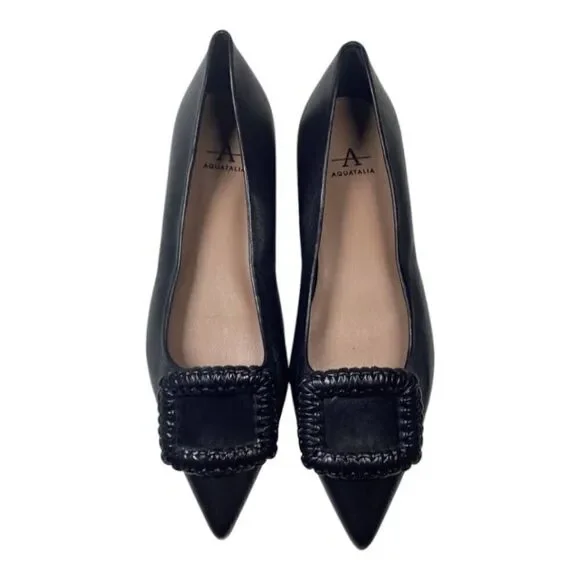 Aquatalia Adorned Black Woven‎ Leather Square Toe Flats  Size 7