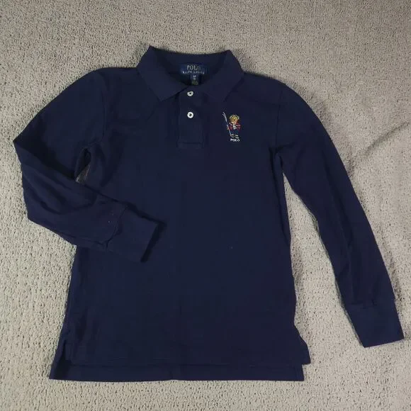 Ralph Lauren Youth Small (8) Skiing Bear Navy Blue Polo Long Sleeve Collared