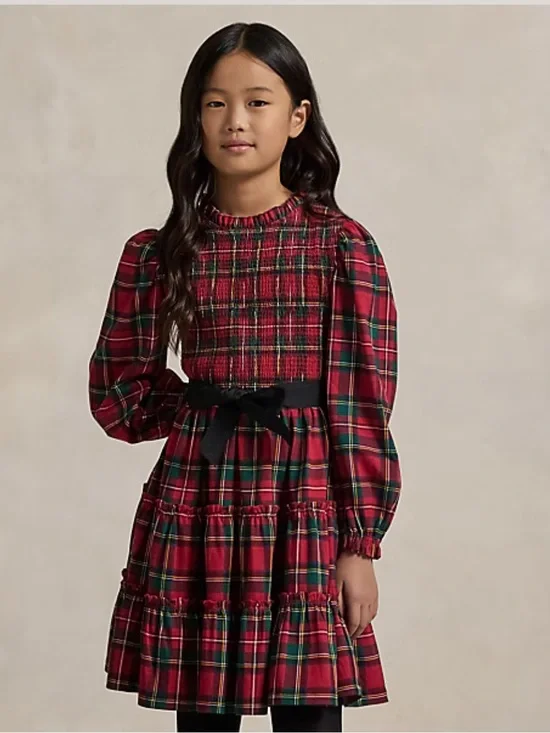 Ralph Lauren Red Green Plaid Smocked Dress with Black Waist Bow