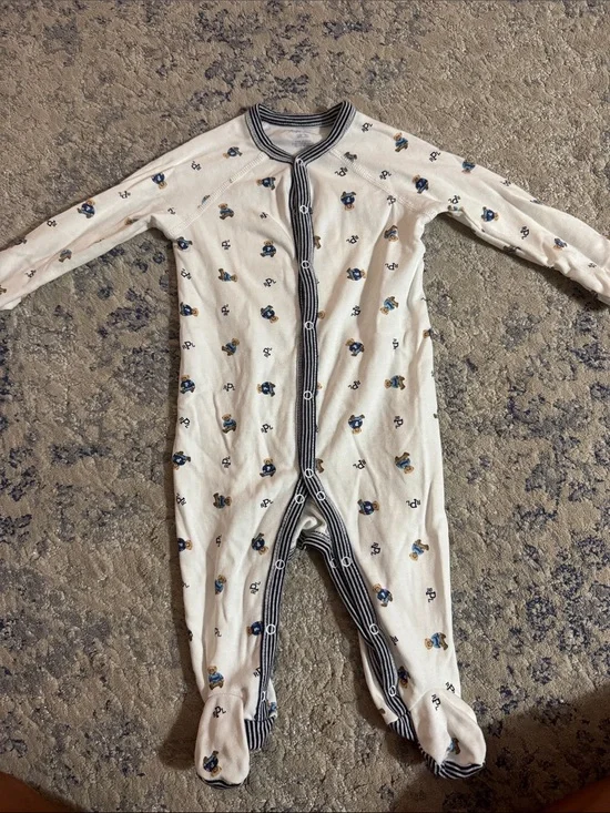 Ralph Lauren Cream Footed One-Piece with Navy Trim and Bear Motif 6 months