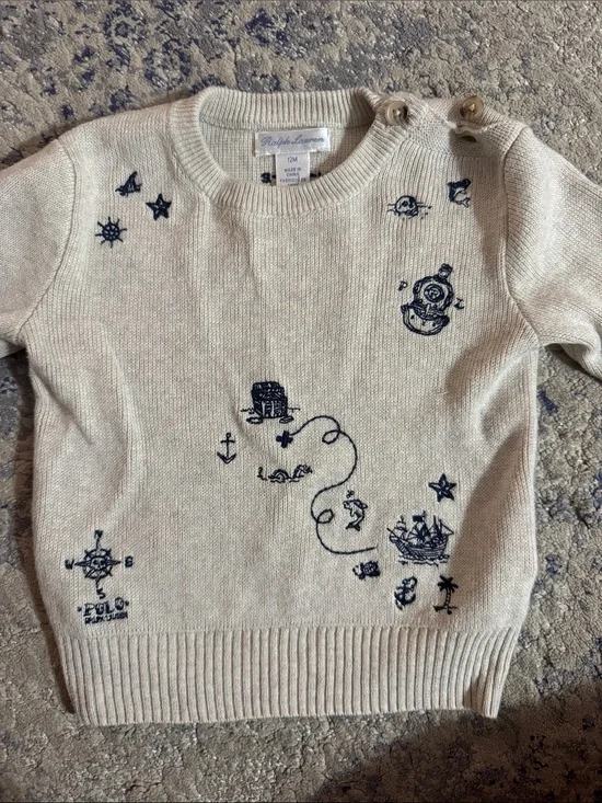 Ralph Lauren 12 months Cream Knit Sweater with Nautical Embroidery- worn 1 time