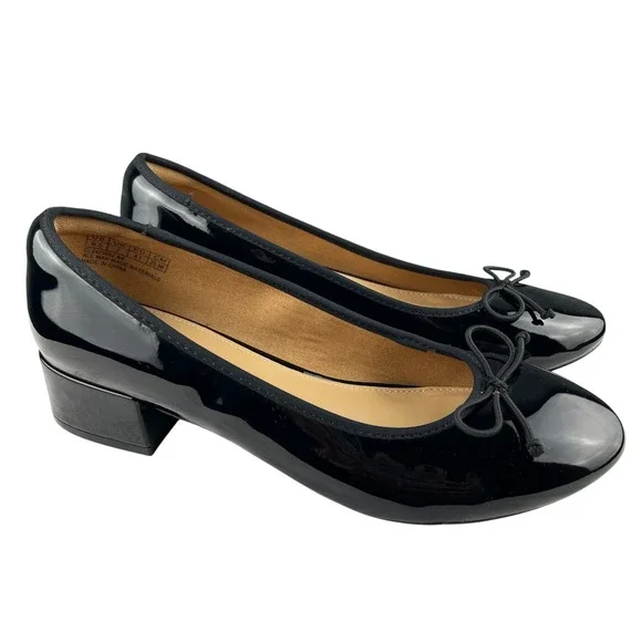 Jenn Ardor Women's Ballet Pumps Size 9.5 Black Patent Bow Slip On Low Block Heel