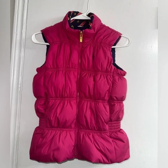 Ralph Lauren Girls Reversible Full Zip Down Puffer Vest Size 8-10 Pink/navy blue