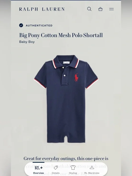 Ralph Lauren Navy Polo Shortall with Red Pony & White/Red Trim-12 months