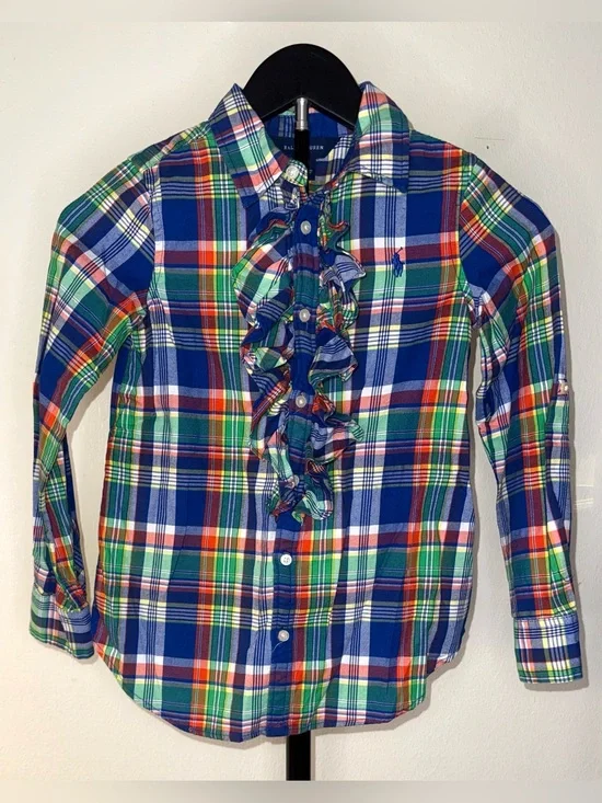 Polo Ralph Lauren Plaid Ruffle Button Down Shirt Girls size 7