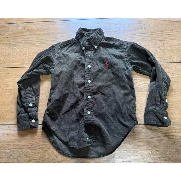 Ralph Lauren Boys Brown Corduroy Button Down Shirt‎ Long Sleeve Cotton Size 4T