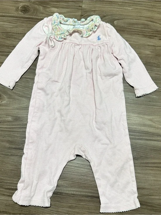Ralph Lauren Baby Girls 0-3M Pink White Striped Romper Ruffle Bow Logo