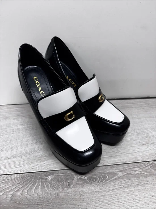 Coach Ilyse BLACK & White Leather platform Loafer Shoes US 6.5-36.5